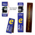 Three magnetic bookmarks in navy blue, featuring a logo and a description of their size and magnetic backing.