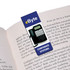A magnetic bookmark designed with a blue and white theme, featuring an image of a phone and a logo.