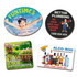 Four eco-friendly MDF magnets in various shapes featuring colourful designs and logos, with text and contact information.