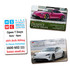 Two rectangular MDF magnets featuring a pink and a white sports car, each with a logo and brand details.