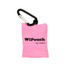 A pink microfibre cloth keyring with a black carabiner and a logo.