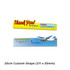 A flat plastic ruler in yellow and blue, featuring measurements and a logo, measuring 20cm by 5cm.