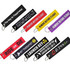 A collection of colourful woven keyrings in various designs, featuring phrases and a metal ring for attachment.