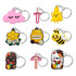 A collection of PVC soft keyrings in various colours, featuring cute shapes like a cloud, cheese, honey, a bee, and animals.