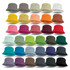 A collection of Bondi Bucket Hats in various colours, showcasing multiple styles and a logo on each hat.