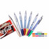 A collection of pens in various colours including red, navy, green, black, yellow, orange, pink, purple, and silver, with a logo.