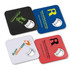 A drink bottle opener coaster set in black, white, red, and blue, each featuring different logos.
