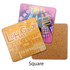 A set of square coasters with vibrant designs in orange, pink, and abstract patterns. One coaster features a cork backing.
