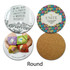 Round cork backed coasters featuring various colourful designs and patterns, with some showing logos.