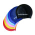A set of seven swimming caps in various colours, including black, blue, pink, and yellow, with a logo on one.