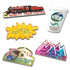 Acrylic magnets in various colours, featuring designs such as a train, splash, dog, coffee cup, and a museum.