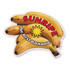 Acrylic magnet featuring a graphic of bananas with vibrant yellow and red colours, along with a logo.