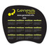A black counter mat featuring a calendar layout with yellow accents and a logo.