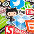 A collection of colourful repositionable stickers featuring various logos, including social media and app icons.