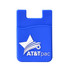 A blue silicone mobile wallet featuring a 3D logo, designed to attach to the back of a phone.