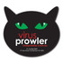 A custom-shaped black counter mat with green cat eyes and a logo, featuring contact details and a website.