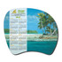A promotional calendar mat featuring a beautiful tropical beach scene with palm trees, in vibrant colours.