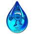 A blue, teardrop-shaped mat featuring a cartoon character with a hat, holding thumbs up, and a logo.