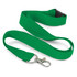 A green RPET lanyard with a metal clip and a plastic buckle for attachment.
