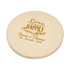 A round, beige absorbent stone coaster featuring engraved decorative text and a branding logo.