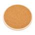 A round, absorbent stone coaster with a natural cork surface and a light-coloured rim. It features a logo.