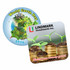 Two coasters: one circular with a green Earth design and a square one featuring coins and seedlings, both with logos.