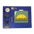 A blue mouse mat featuring an illustration of an oven with a clock and controls, showcasing a yellow item inside.