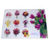 A promotional counter mat featuring various floral arrangements in vibrant colours, with a logo in one corner.