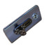 A sleek blue phone with a black and white patterned push-pull stand attached to its back.