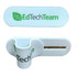 A white phone stand with a slot for a device and a branded logo design on the front.