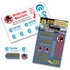 A collection of webcam blockers in blue and white, featuring various stickers and a logo on a promotional card.