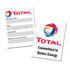 Two service stickers featuring a logo, one with fields for oil type, date, and odometer, designed in red, blue, and yellow.