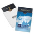 A white RFID blocker pouch with a logo, holding a passport and a Canadian passport cover.