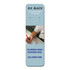 A laminated bookmark in light blue featuring contact details and a logo, with a writing image in the background.
