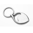 A silver metal keyring featuring a sleek, leaf-shaped design with a circular attachment.