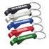 A drink bottle opener set featuring five keychain tools in black, silver, blue, red, and green, each with a logo.