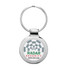 A silver metal keyring with a circular design and an embedded logo.