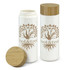 A drink bottle features a white ceramic body and a bamboo lid, adorned with a tree logo.