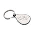 A metallic silver keyring in a teardrop shape with a circular attachment loop and a logo.