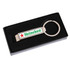 A drink bottle opener in silver with a circular keyring and a branded logo, presented in a black box.