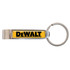 A drink bottle opener in silver and yellow, featuring a logo, with a keyring attachment for convenience.