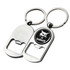 A drink bottle opener keyring in silver with a circular keyring attachment and a logo on one side.