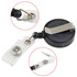 A black retractable ID card holder lanyard with a metal clip and clear strap for securing badges. It features a logo.
