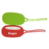 Two silicone luggage tags in green and red with a blank space for a name and a logo on one tag.