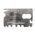 A silver multi-tool credit card size with various functions like a bottle opener and screwdrivers, featuring engravings and a logo.