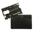 A black cardholder with a black multi-tool featuring various functions, including a bottle opener and ruler.