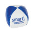 A hacky sack in blue and white, featuring a logo and a smooth surface.