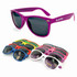 Fashion sunglasses in various colours, including purple, red, green, and blue, arranged in a stack with one pair prominently displayed.