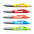 Five plastic pens in various colours: yellow, red, orange, blue, and green, each featuring a branding logo.