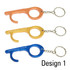 A set of three no-touch door openers in orange, yellow, and blue, each with a keychain attachment and a logo.